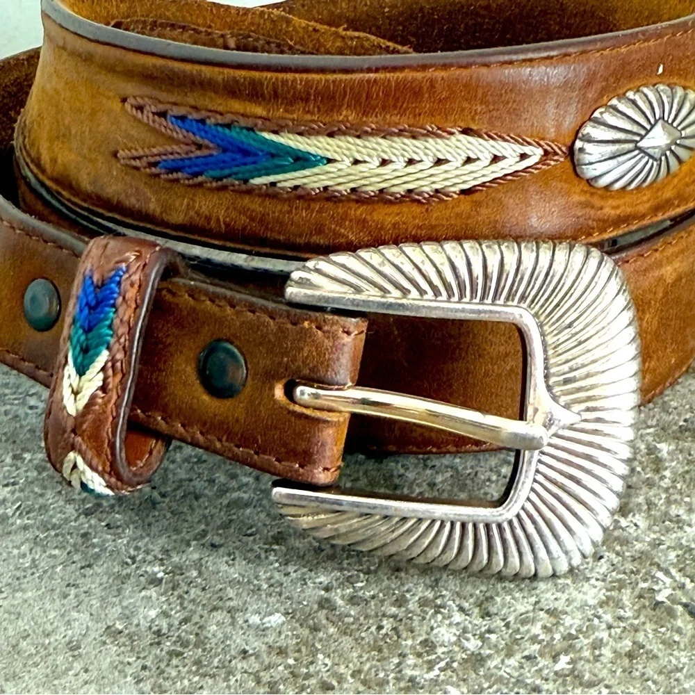 Vintage Tony Lama The Duke Applique Conches Brown Western Silver Belt Men’s 42